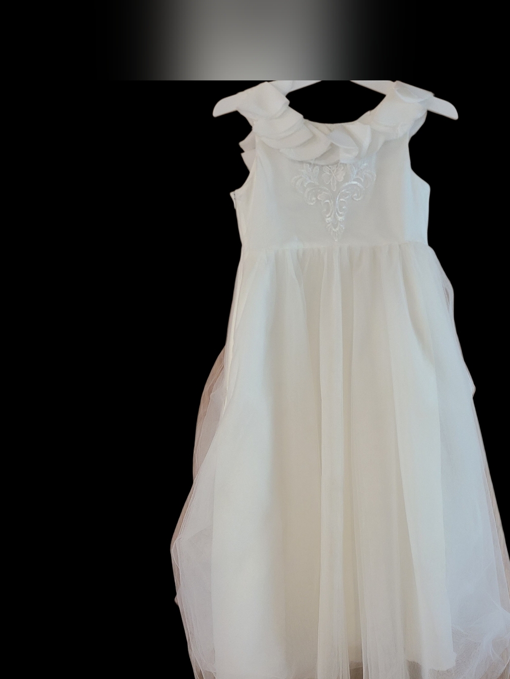White Ruffled Neck Tulle Flower Girl Dress, pearls, bustle